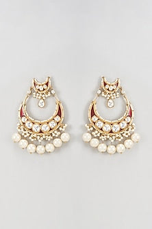 Gold Plated Kundan Polki & Pearl Enamelled Chandbali Earrings