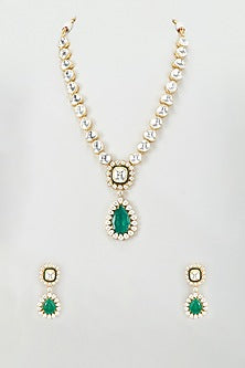 Gold Plated Kundan Polki & Green Stones Long Necklace Set
