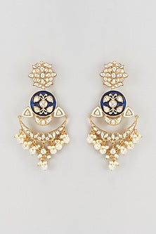 Gold Plated Kundan Polki & Pearl Enamelled Chandbali Earrings