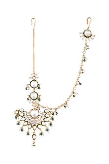 Gold Plated Green Enamelled Kundan Maang Tikka