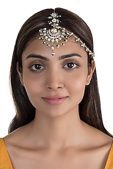 Gold Plated Green Enamelled Kundan Maang Tikka