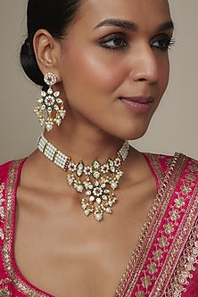 Gold Plated Kundan Polki & Pearl Enameled Choker Necklace Set