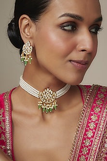 Gold Plated Kundan Polki & Green Beaded Choker Necklace Set