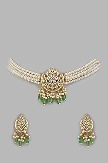 Gold Plated Kundan Polki & Green Beaded Choker Necklace Set