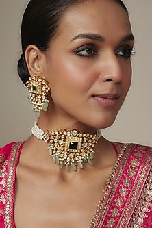 Gold Plated Kundan Polki & Green Beaded Choker Necklace Set