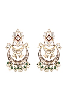 Gold Plated Pink Enameled Earrings With Green Beads