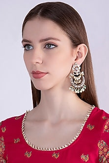Gold Plated Pink Enameled Earrings With Green Beads
