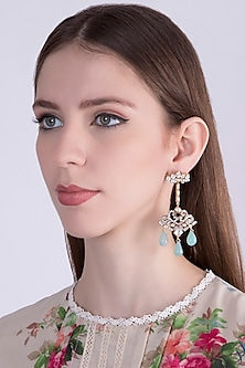Gold Plated Earrings With Aqua Blue Drop Hangings