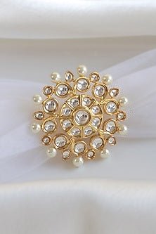 Gold Finish Kundan Polki & Pearls Ring