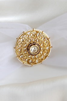 Gold Finish Ring With Kundan Polki & Pearls