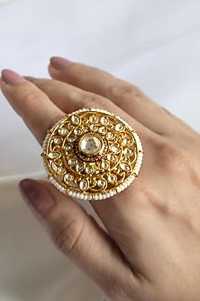 Gold Finish Ring With Kundan Polki & Pearls