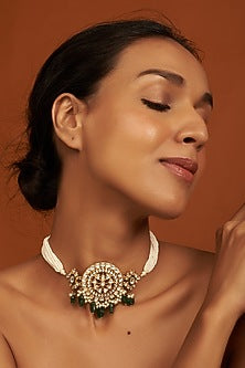 Gold Finish Emerald Beaded Choker Necklace