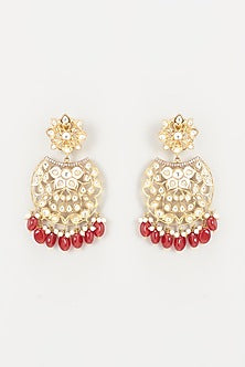 Gold Finish Red Bead & Kundan Polki Dangler Earrings