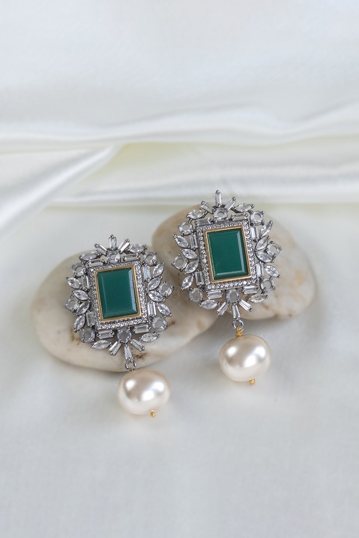 Two Tone Finish Emerald Stud Earrings