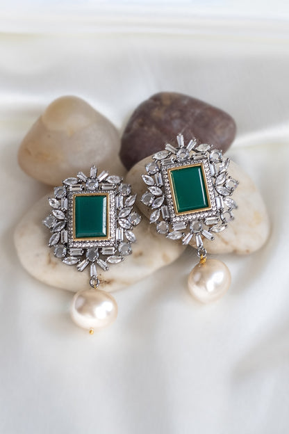 Two Tone Finish Emerald Stud Earrings