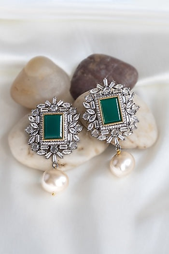 Two Tone Finish Emerald Stud Earrings