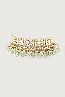 Gold Finish Mint Green Bead & Kundan Polki Choker Necklace