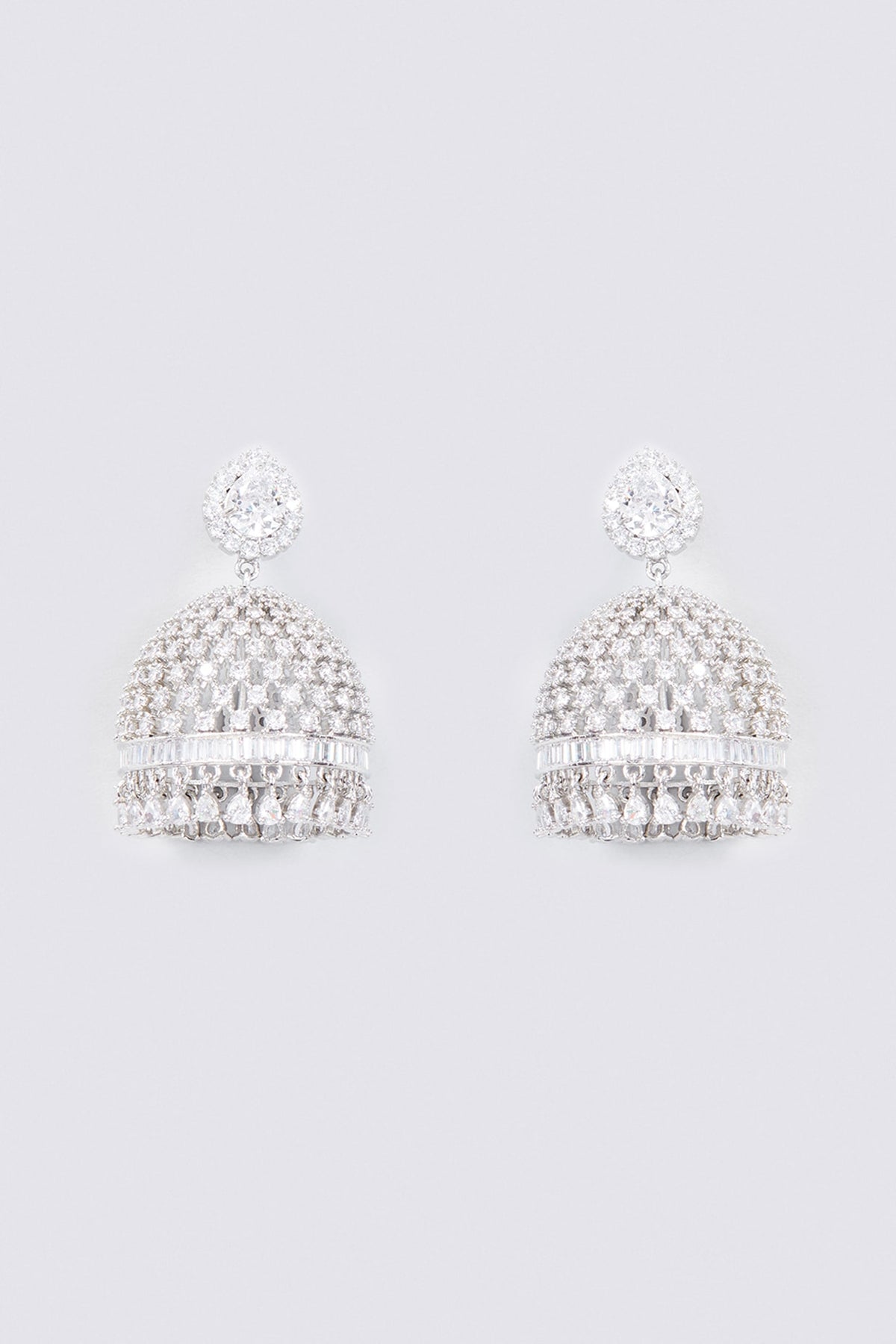 White Rhodium Finish Zircon Jhumka Earrings