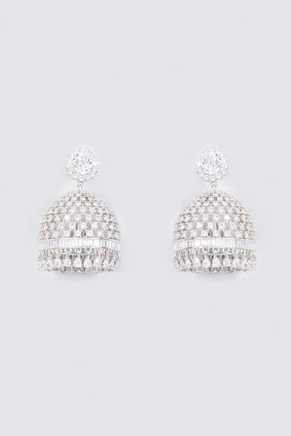 White Rhodium Finish Zircon Jhumka Earrings