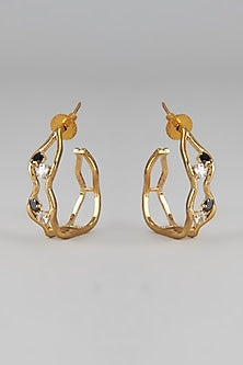 Gold Plated Black Synthetic Stone Hoop Earrings