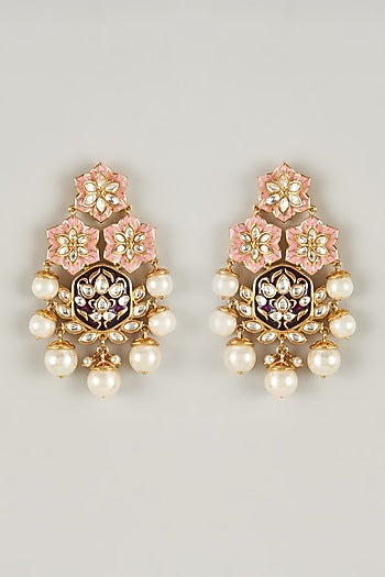 Gold Plated Kundan Polki Enamelled Dangler Earrings
