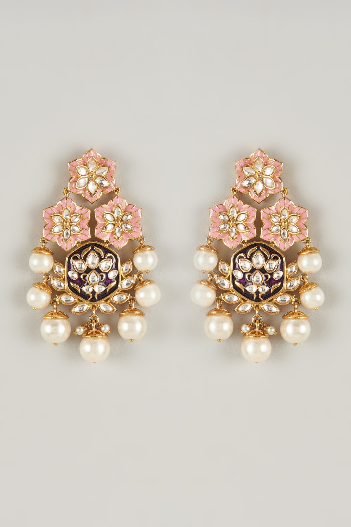 Gold Plated Kundan Polki Enamelled Dangler Earrings