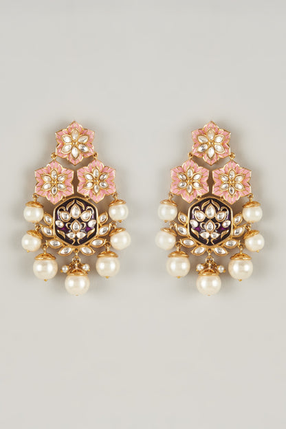 Gold Plated Kundan Polki Enamelled Dangler Earrings