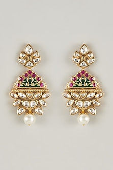 Gold Plated Kundan Polki Enamelled Dangler Earrings