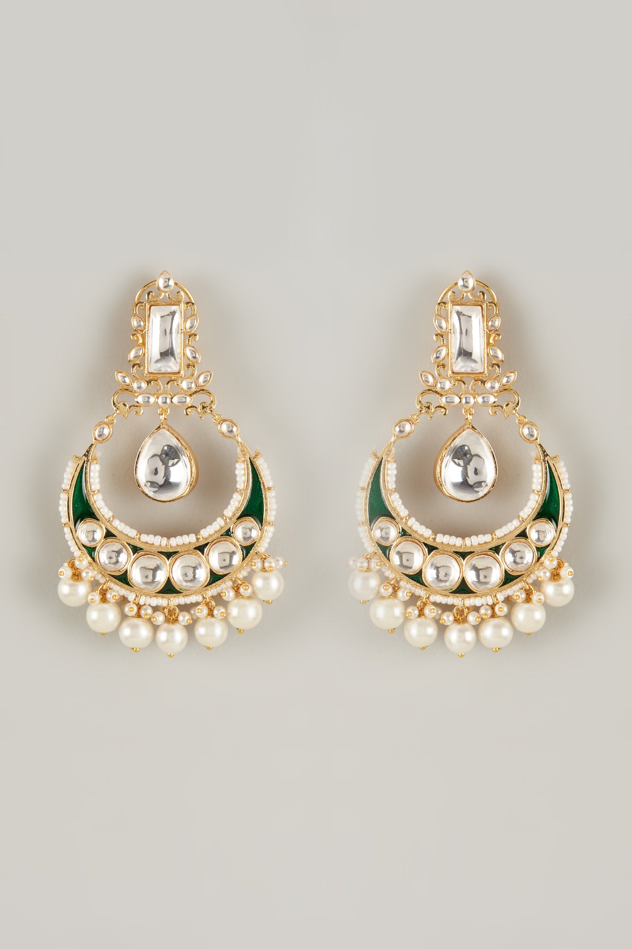 Gold Plated Kundan Polki & Pearl Enamelled Chandbali Earrings