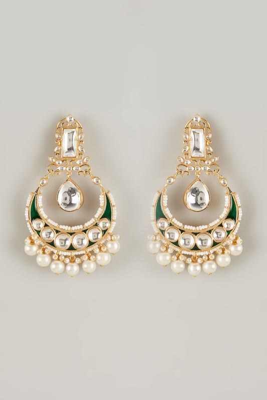 Gold Plated Kundan Polki & Pearl Enamelled Chandbali Earrings