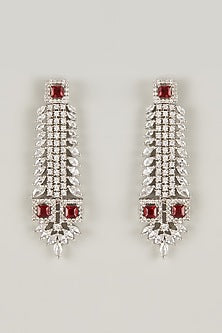 White Rhodium Finish Zircon & Ruby Stone Dangler Earrings