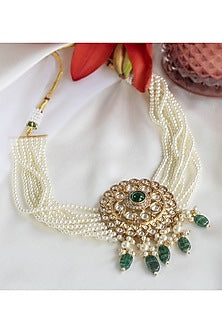 Gold Finish Kundan Polki & Green Drops Choker Necklace