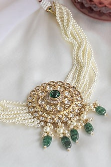 Gold Finish Kundan Polki & Green Drops Choker Necklace