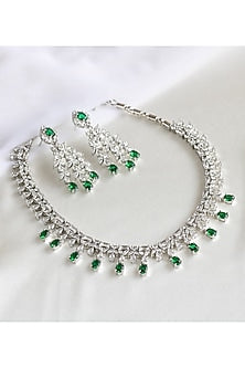 White Finish Faux Diamond & Green Stones Necklace Set