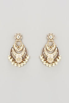 Gold Finish Pink Enameled Kundan Polki Chandbali Earrings