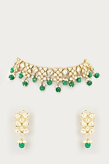 Gold Finish Green Bead & Kundan Polki Choker Necklace Set