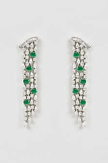 White Finish Faux Diamond & Emerald Dangler Earrings