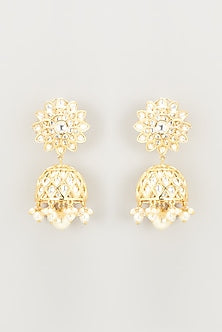 Gold Finish Kundan Polki & Pearl Jhumka Earrings