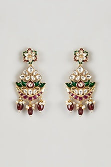 Gold Plated Kundan Polki & Red Synthetic Stone Dangler Earrings
