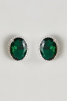 White Rhodium Finish Zircon & Emerald Synthetic Stone Stud Earrings