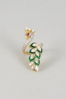 Gold Plated Kundan Polki Green Enameled Ring
