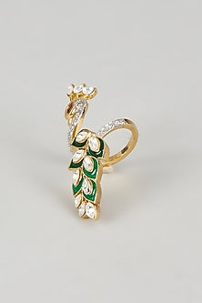 Gold Plated Kundan Polki Green Enameled Ring