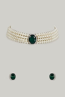 White Rhodium Finish Emerald Synthetic Stone Choker Necklace Set