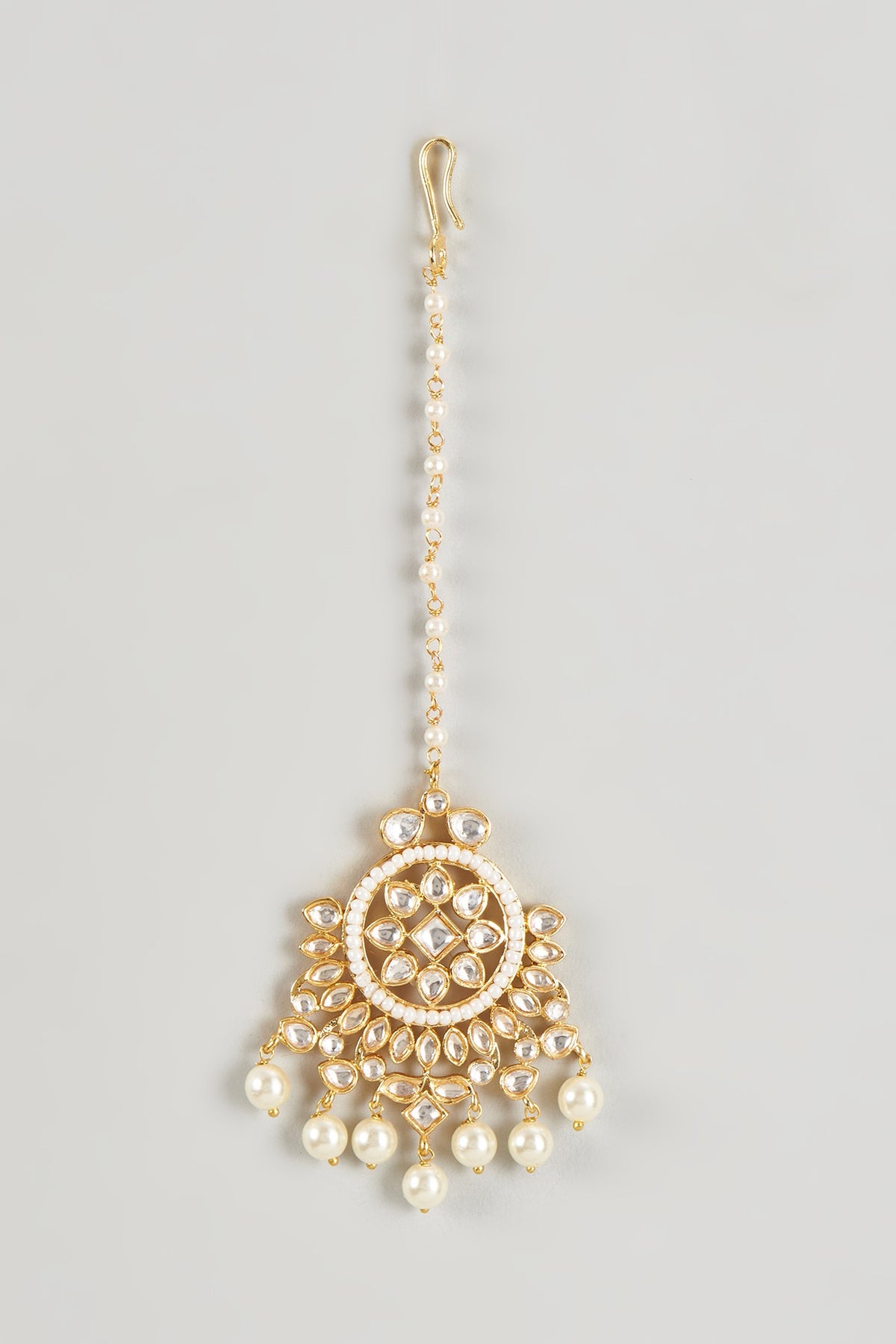 Gold Plated Kundan Polki & Pearl Hanging Maang Tikka