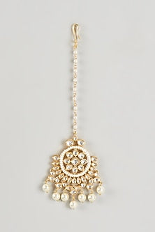 Gold Plated Kundan Polki & Pearl Hanging Maang Tikka