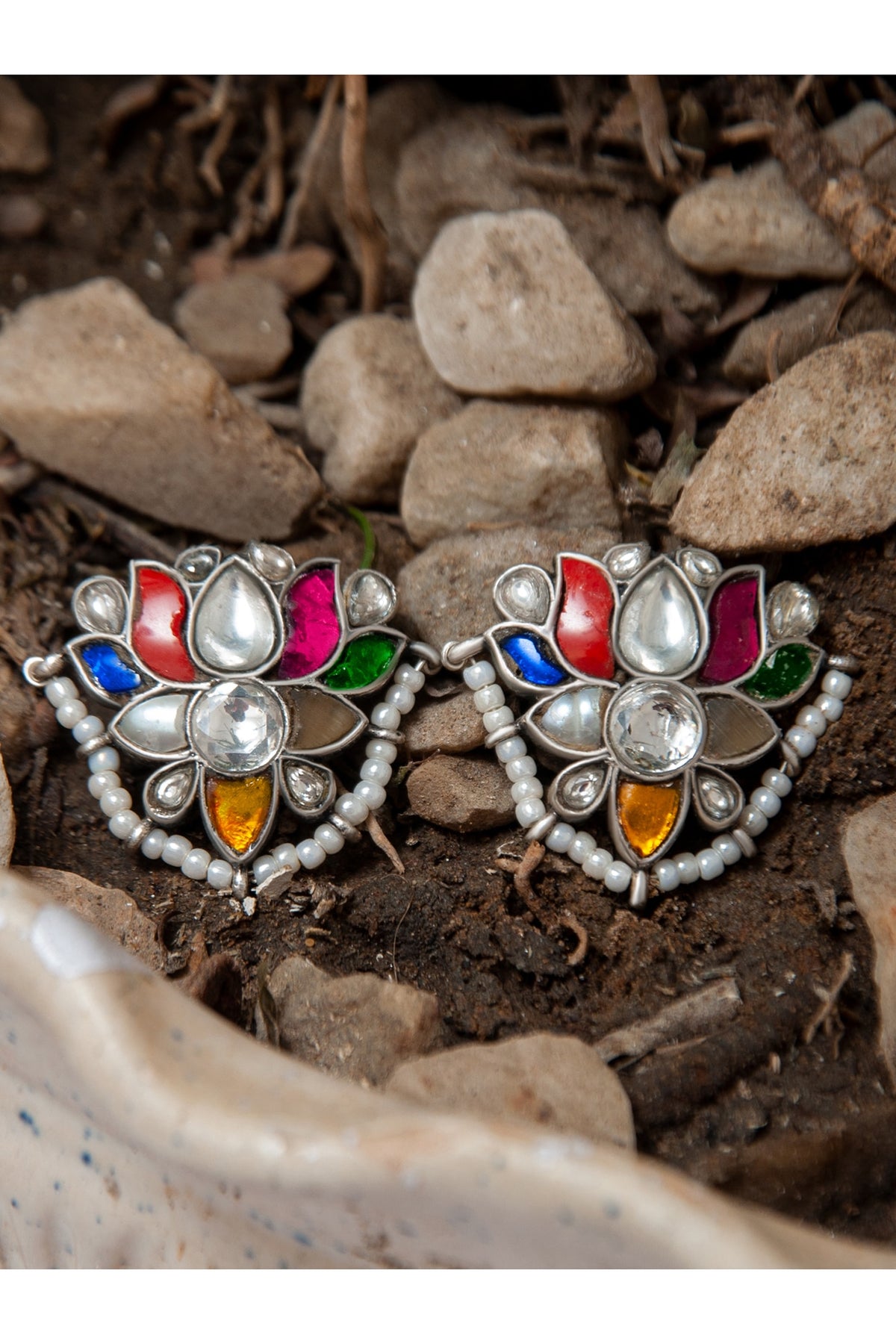 Silver Finish Multi-Colored Kundan Polki & Pearls Stud Earrings In Sterling Silver