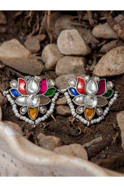 Silver Finish Multi-Colored Kundan Polki & Pearls Stud Earrings In Sterling Silver