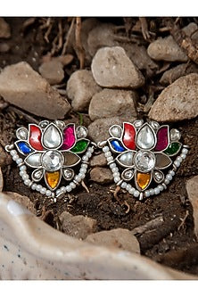 Silver Finish Multi-Colored Kundan Polki & Pearls Stud Earrings In Sterling Silver
