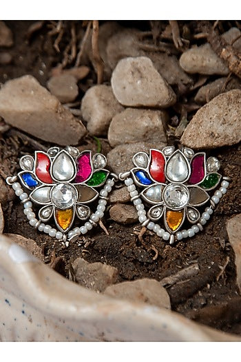 Silver Finish Multi-Colored Kundan Polki & Pearls Stud Earrings In Sterling Silver