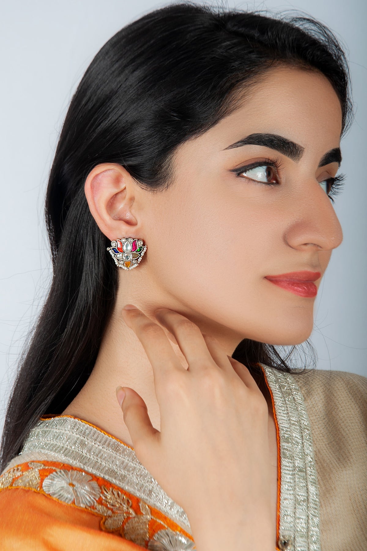 Silver Finish Multi-Colored Kundan Polki & Pearls Stud Earrings In Sterling Silver